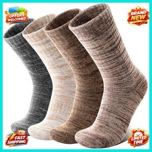 Merino Wool Thermal Hiking Socks 4 Pairs Extra Thick Cushioned Work Crew